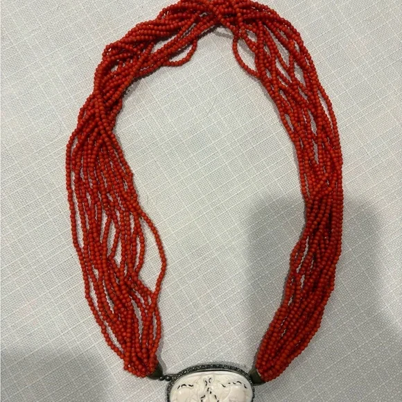 Handcrafted Red Multi-Strand Beaded Necklace with Oval Carved Elephant Pendant - Picture 2 of 5